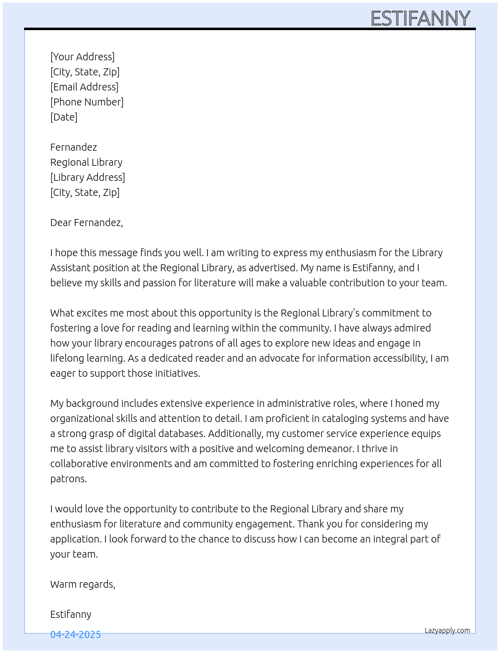 Library assistant At Regional library Cover Letter