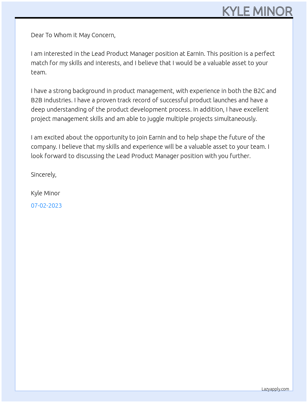 Lead Product Manager At EarnIn Cover Letter