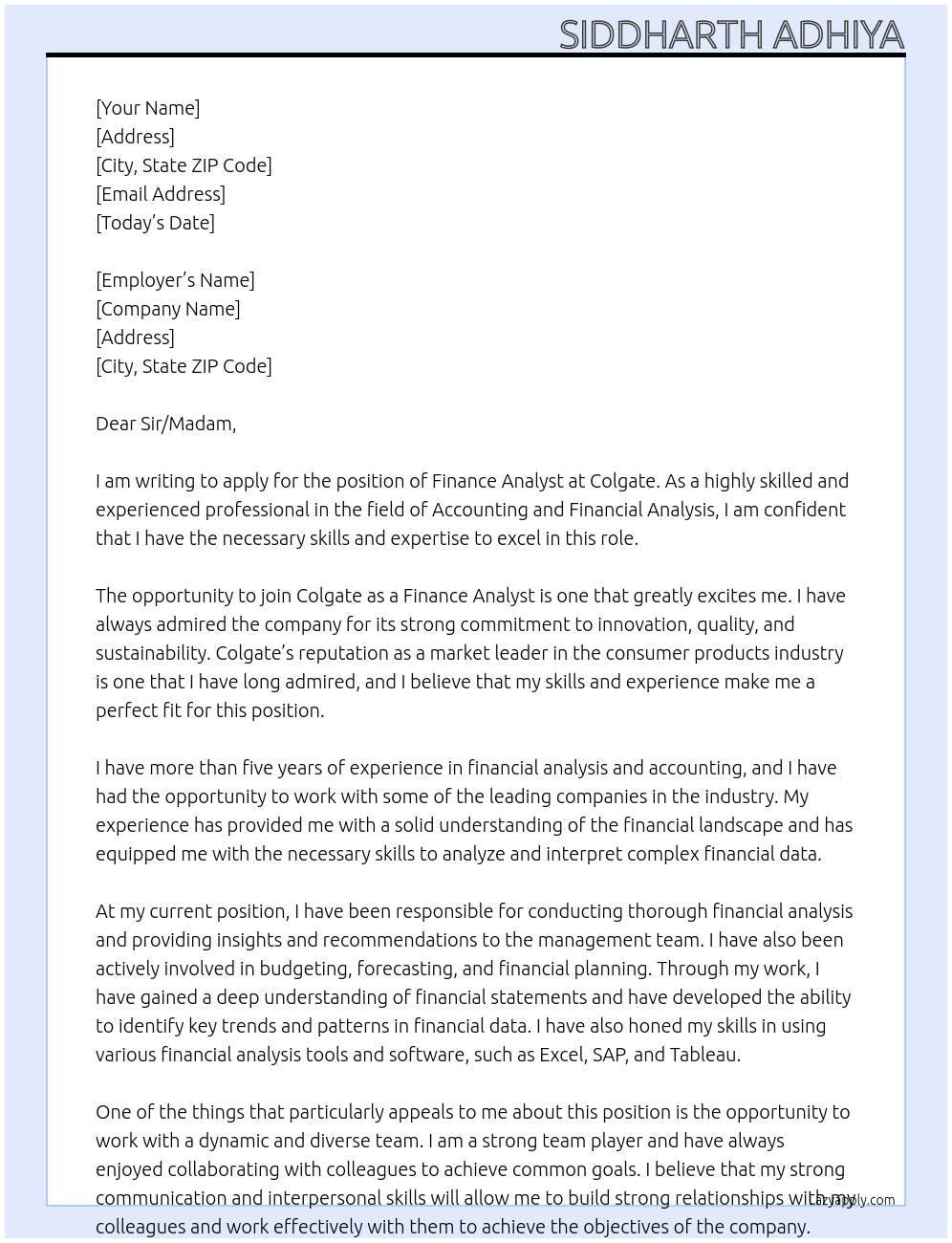 Finance Analyst At Colgate Cover Letter