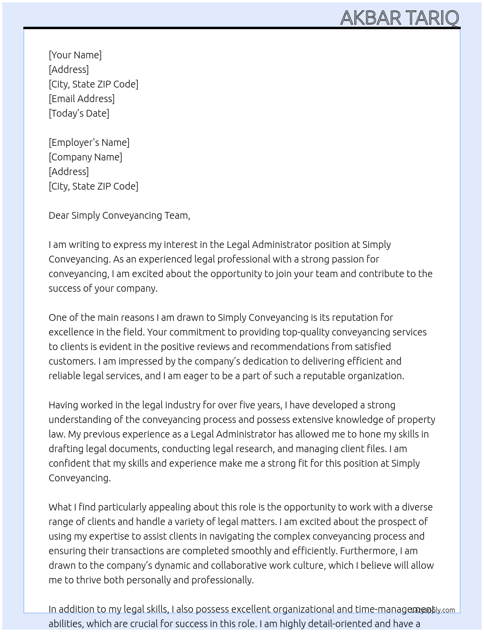 Legal Administrator At Simply Conveyancing Cover Letter