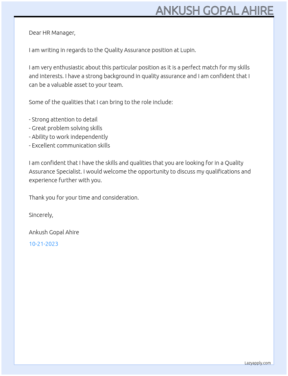 Quality Assurance At Lupin Cover Letter