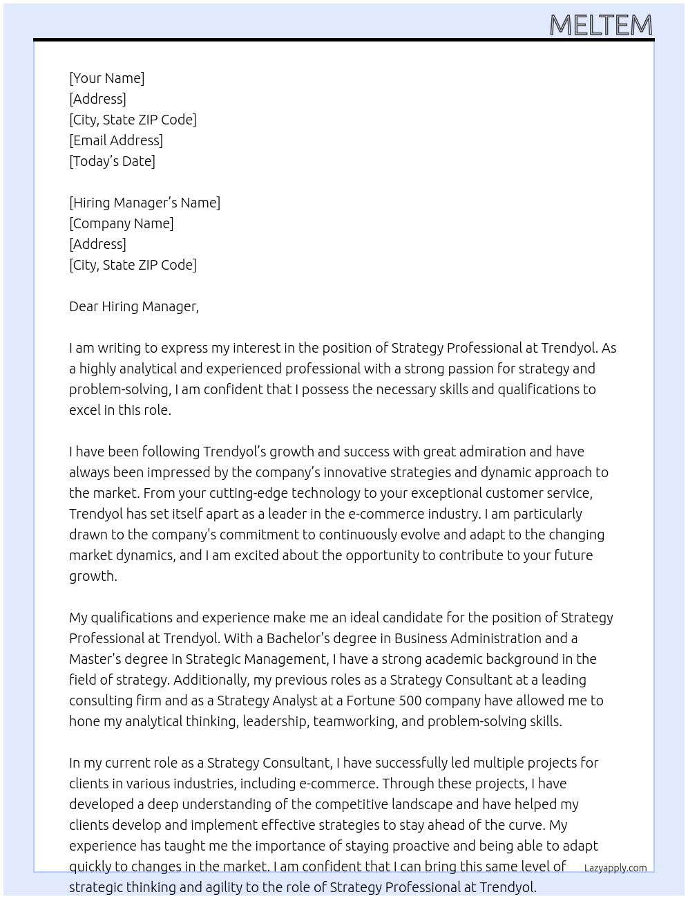 Strategy Professionals At Trendyol Cover Letter