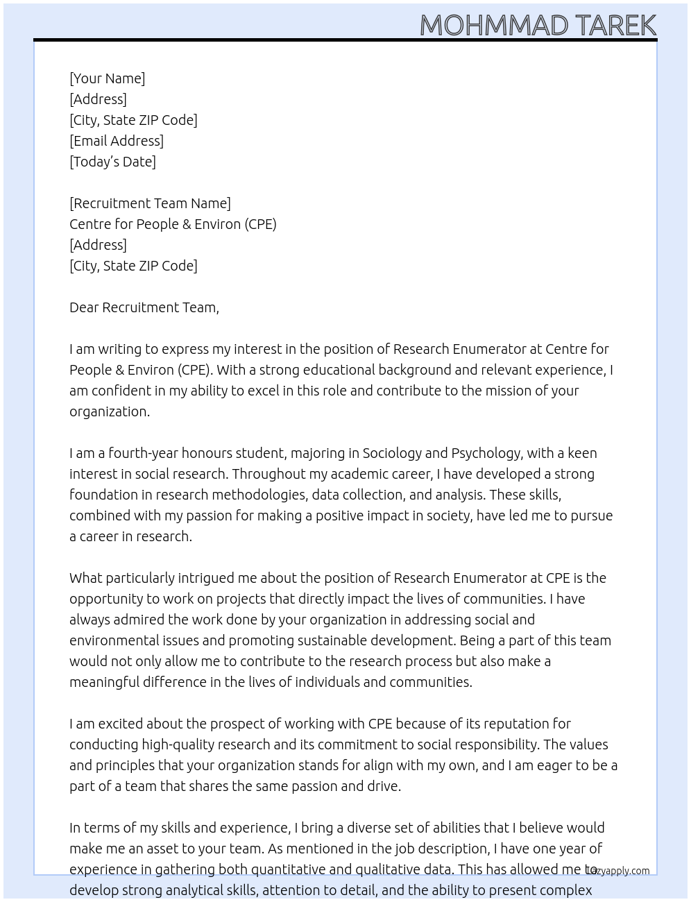 Research Enumerator At Centre for People & Environ (CPE) Cover Letter