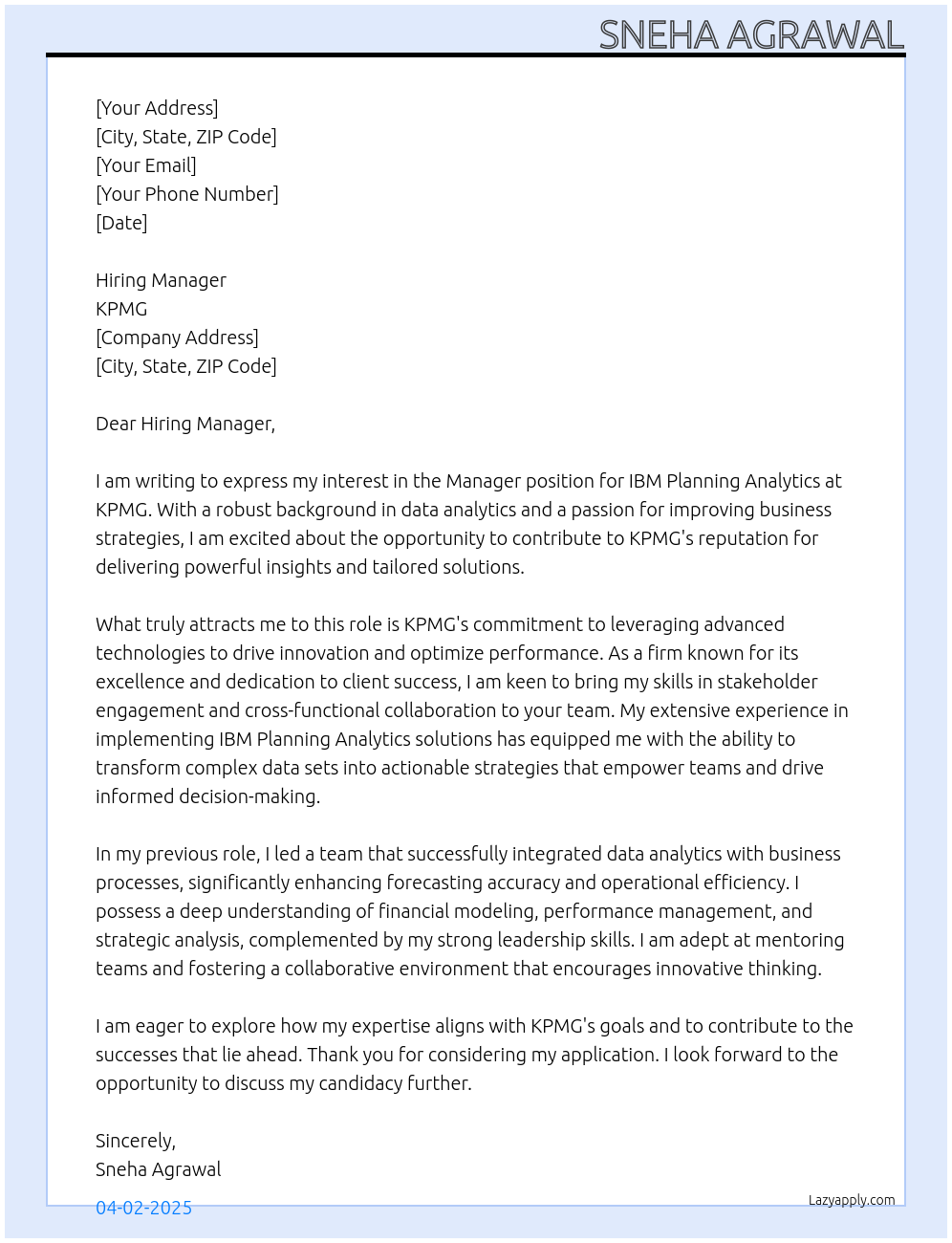 Cover letter for manager - ibm planning analytics - LazyApply