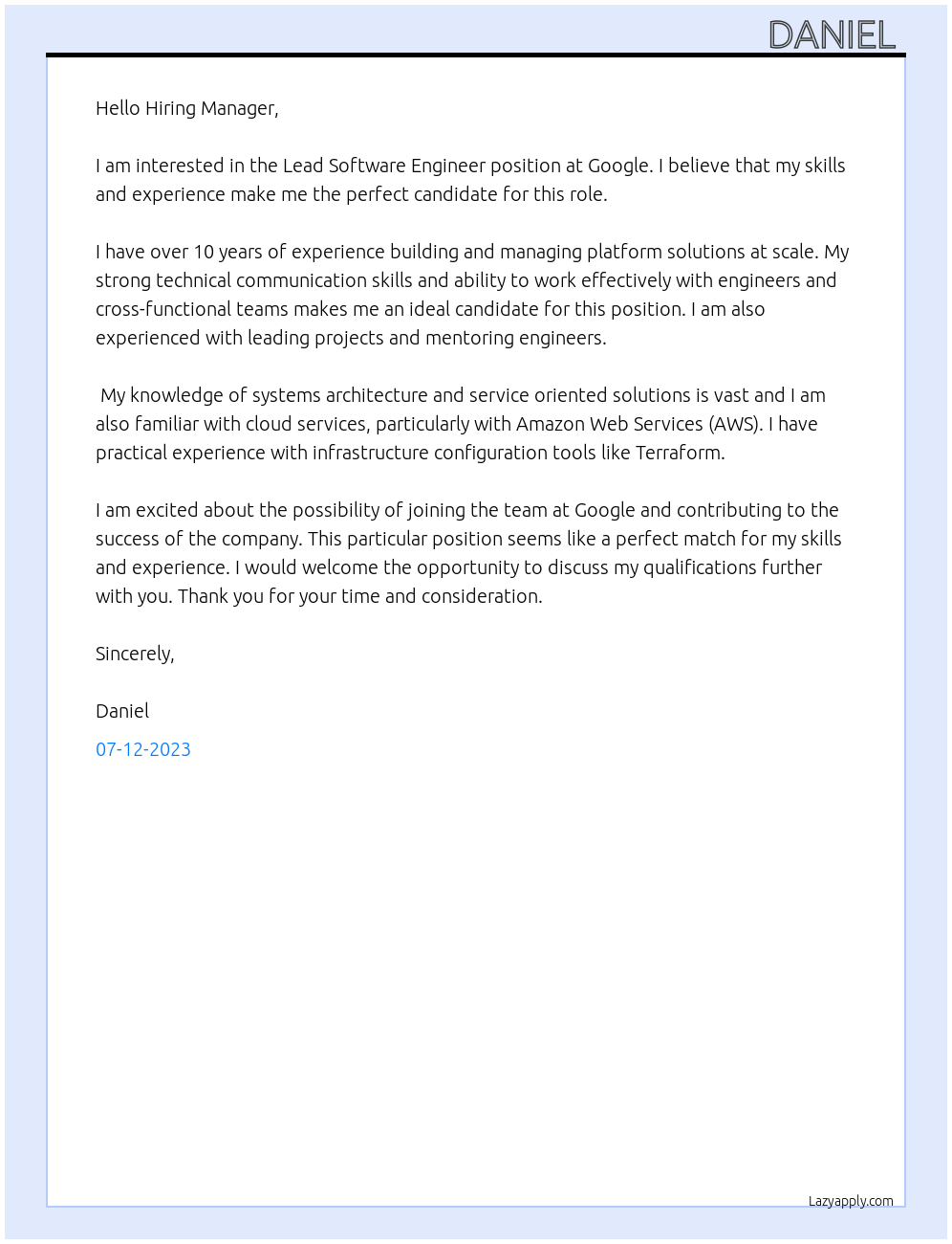Lead software engineer At Google Cover Letter