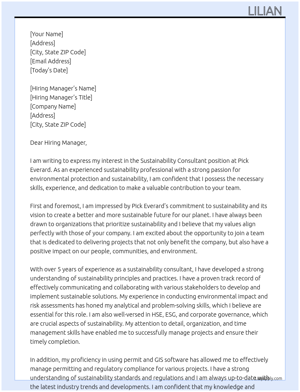 Sustainability consultant At Pick everard Cover Letter