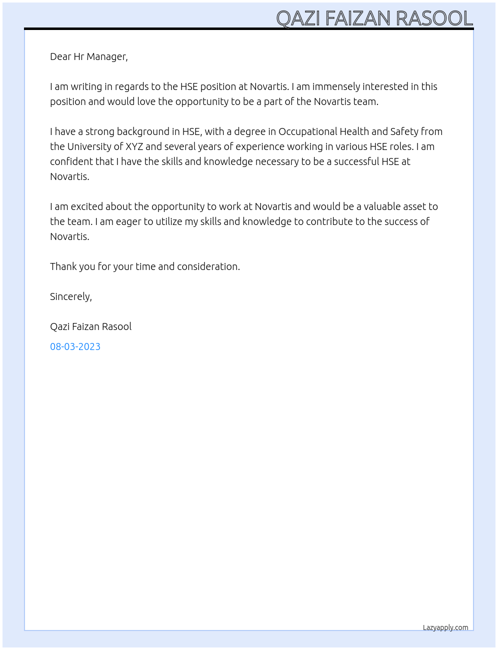 HSE At Novartis Cover Letter