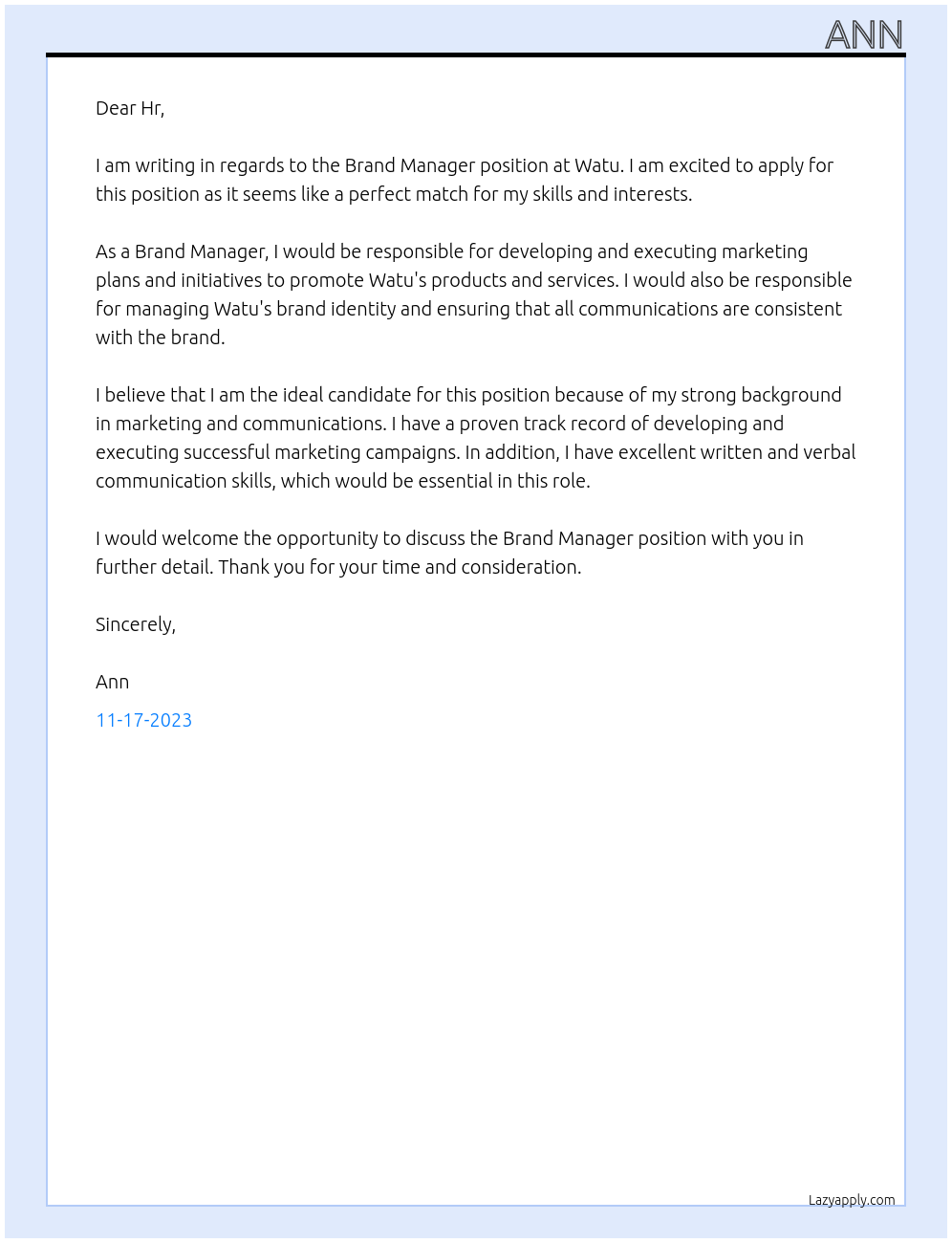 Brand Manager At Watu Cover Letter