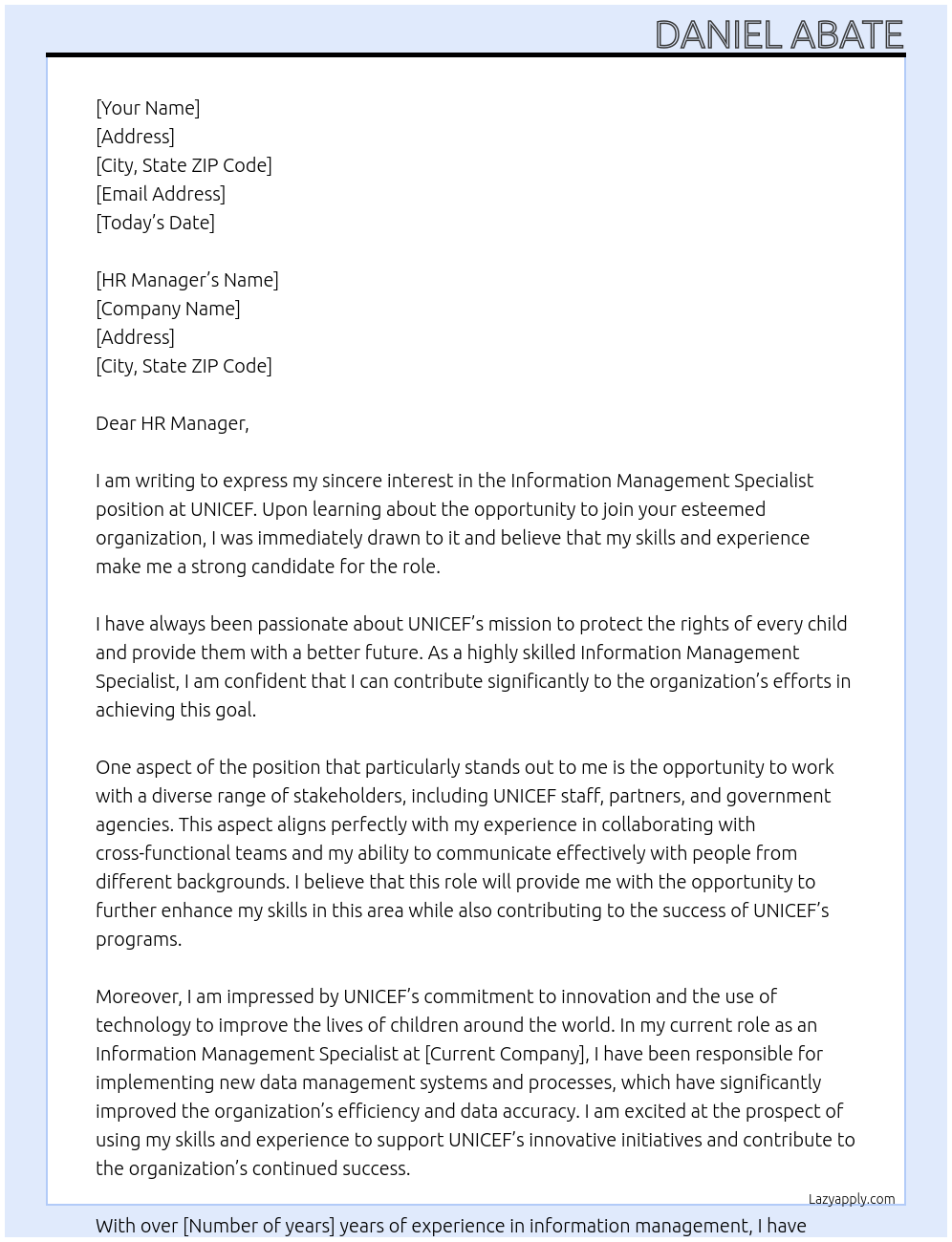 Information Management Specialist At UNICEF Cover Letter