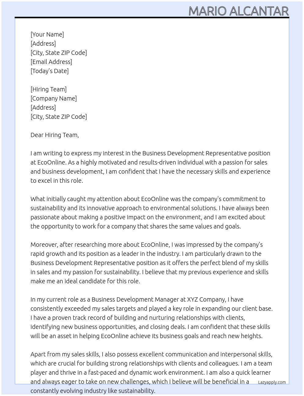 Business Development Representative At EcoOnline Cover Letter