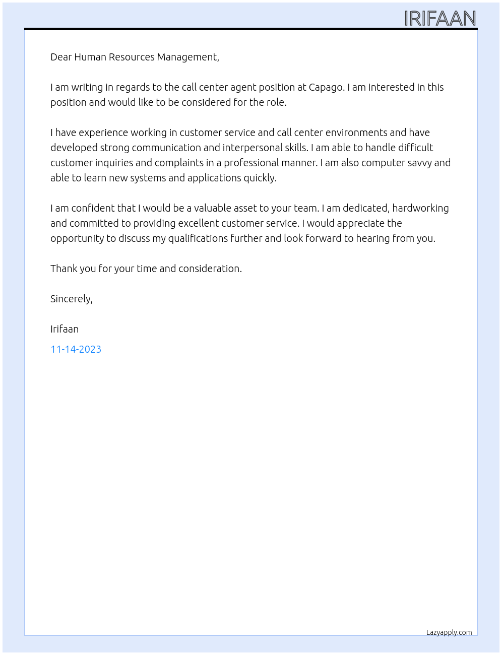 Call Center Agent At Capago Cover Letter