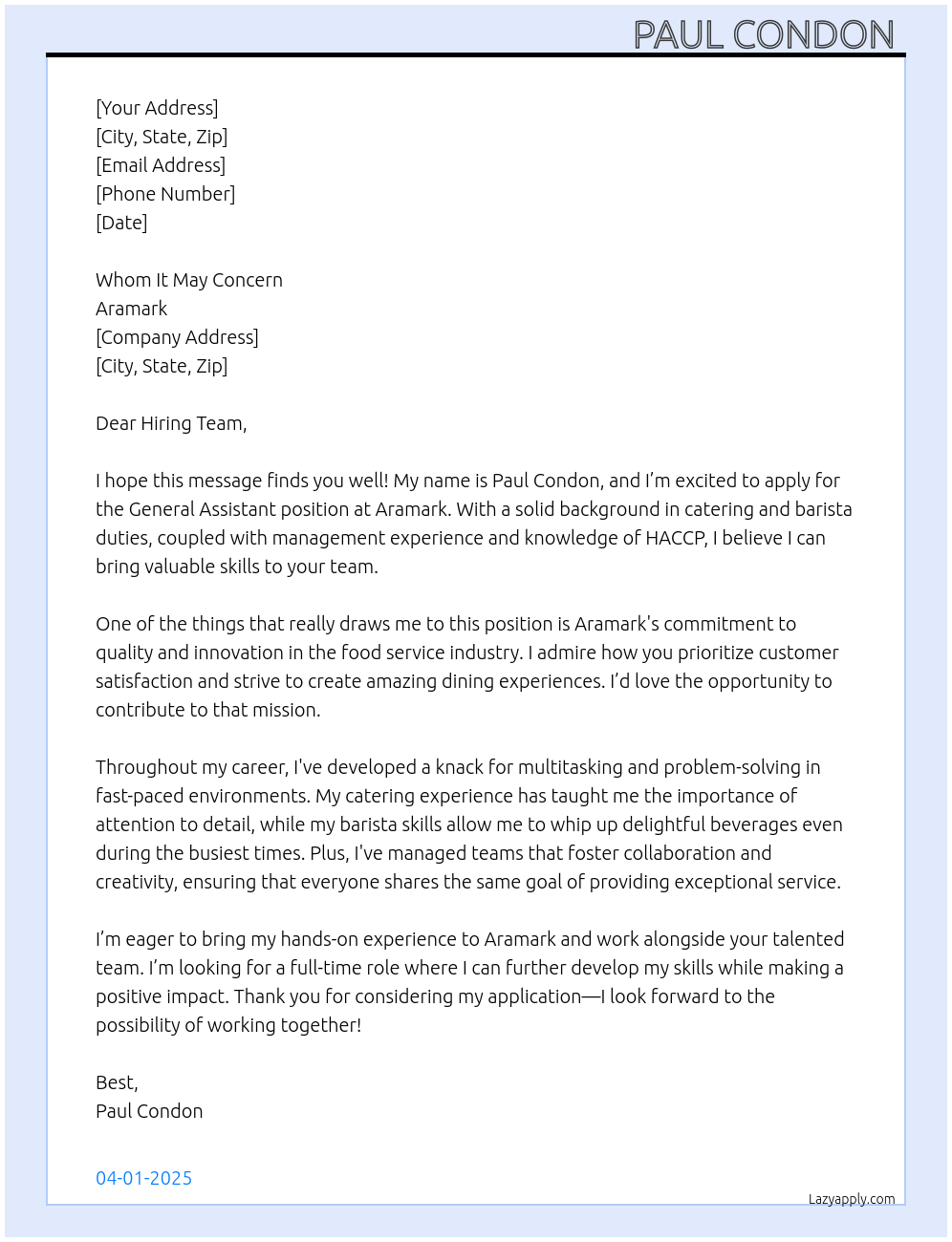 General assistant  At Aramark Cover Letter