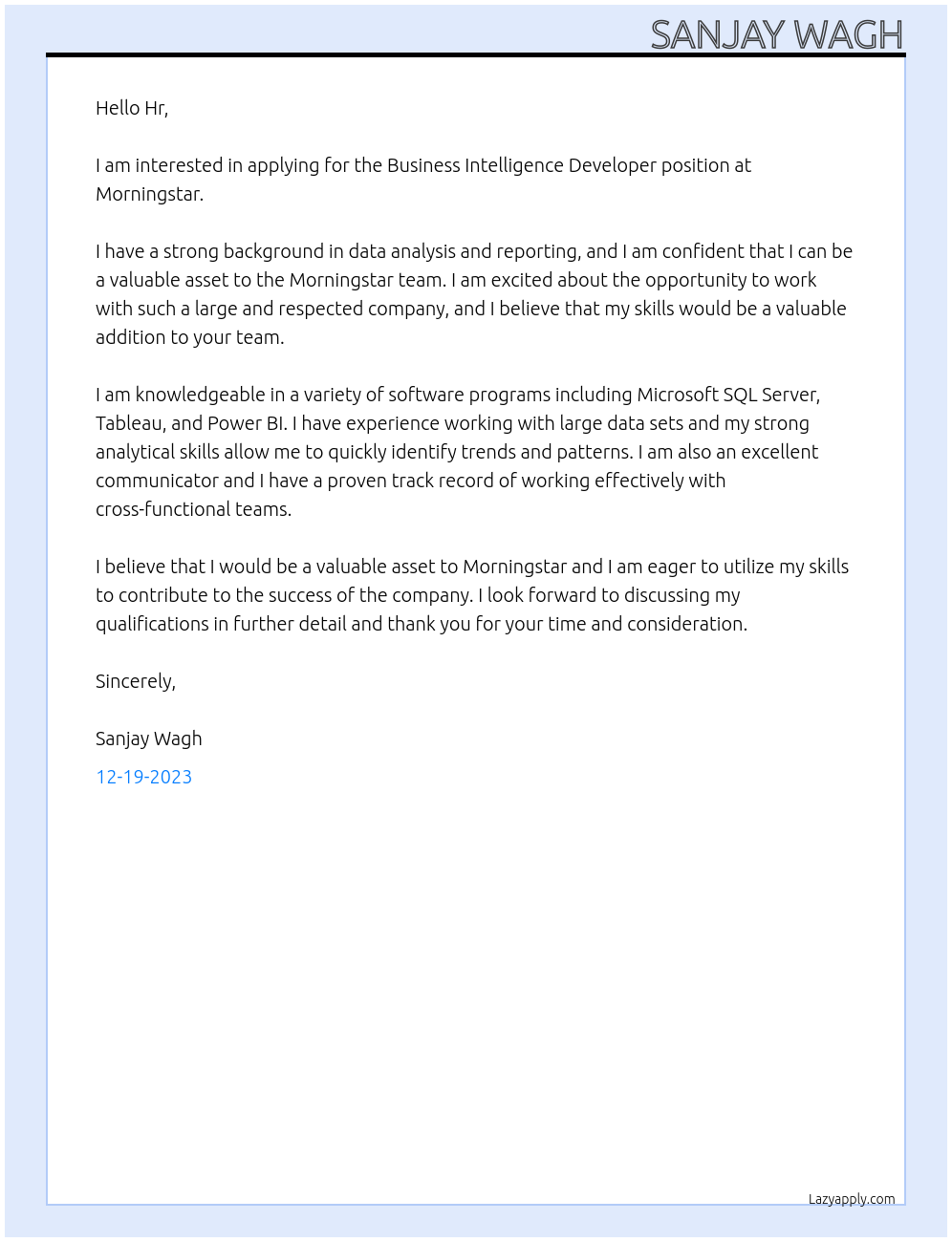 Business Intelligence Developer At Morningstar Cover Letter