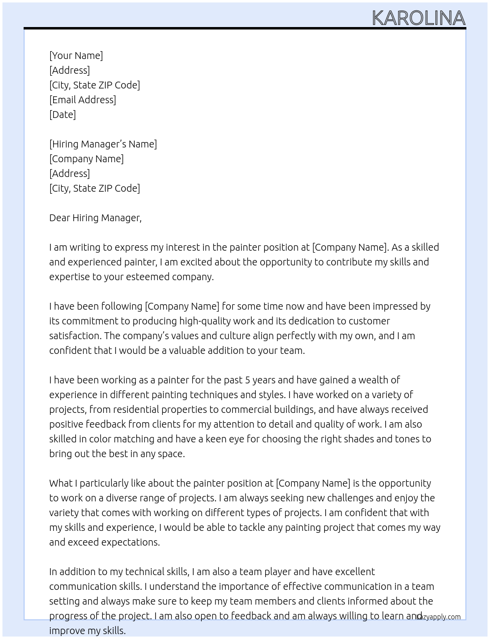 painter At xxx Cover Letter