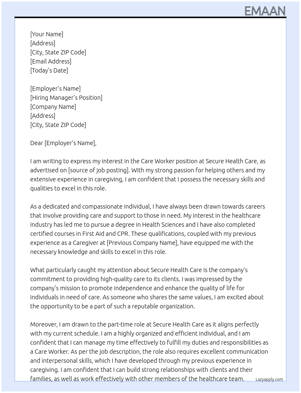 Care worker At Secure Health Care Cover Letter