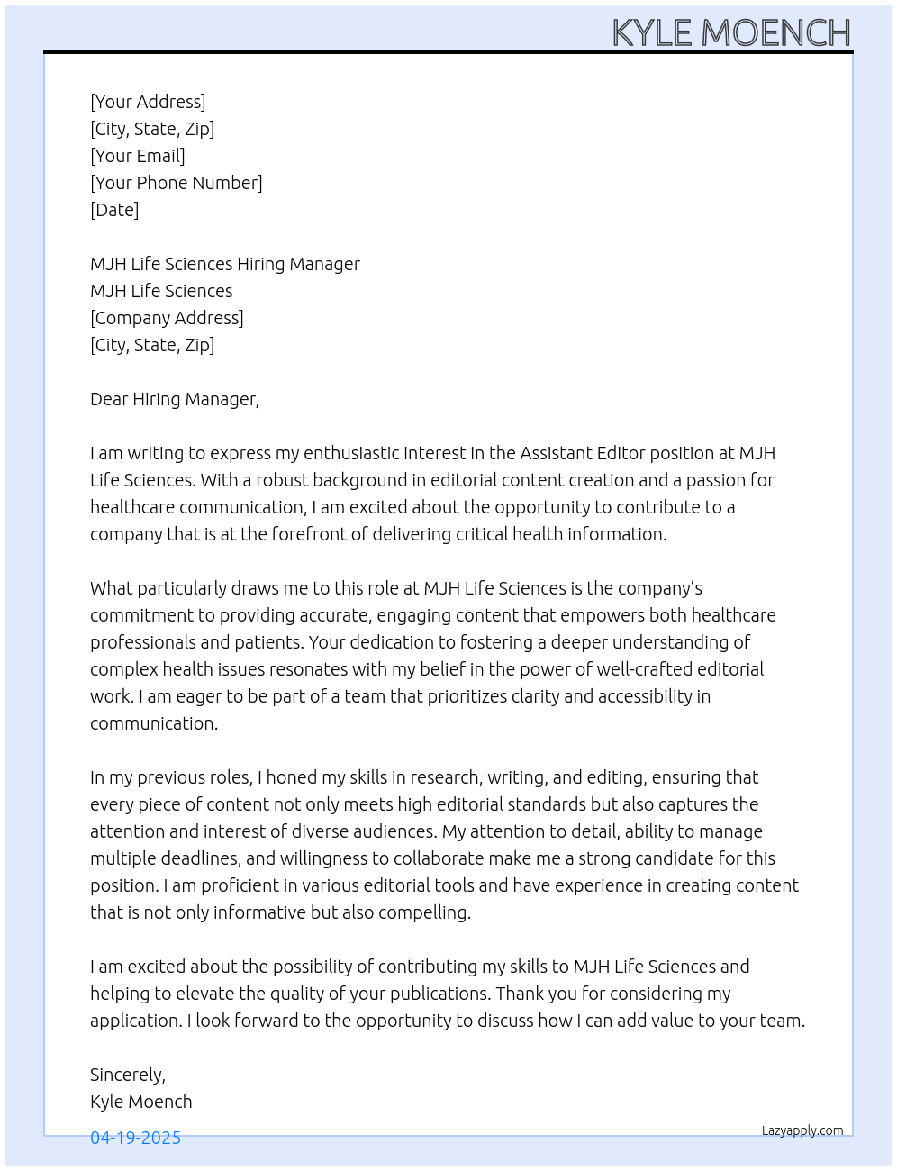 Assistant Editor At MJH Life Sciences Cover Letter