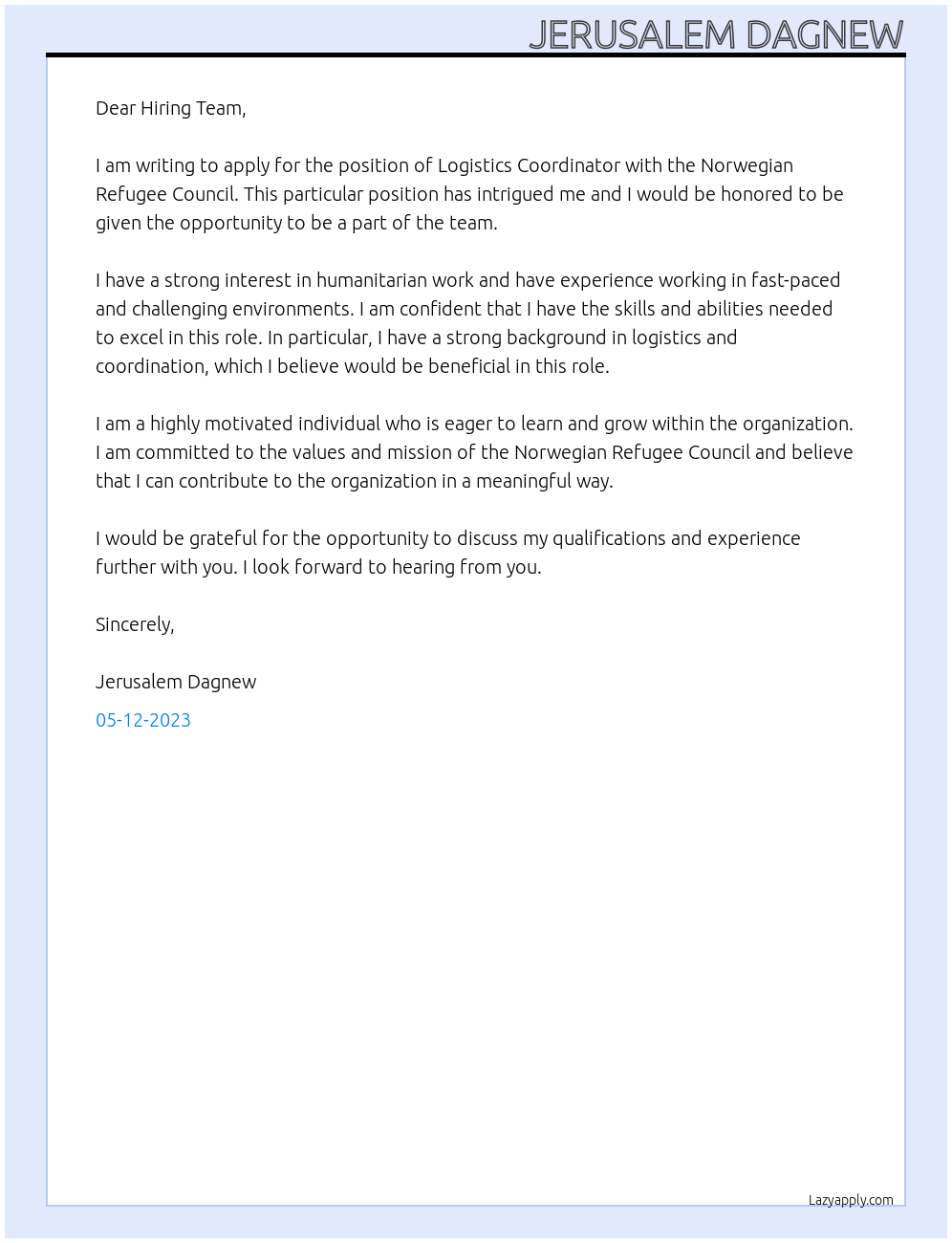 Logistics Coordinator At Norwegian Refugee Council Cover Letter