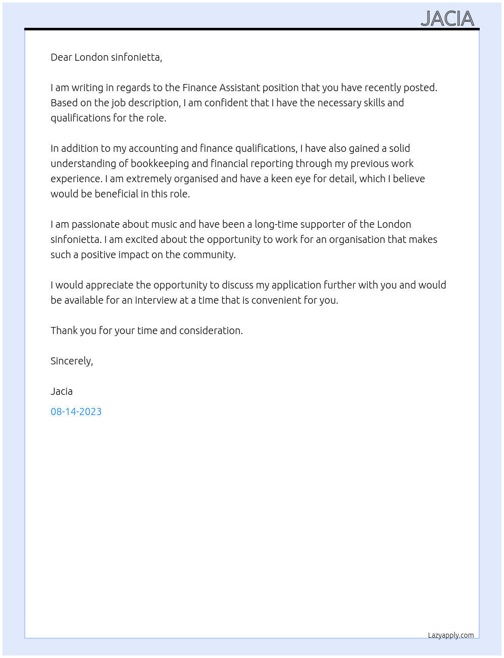 Finance Assistant At London sinfonietta Cover Letter