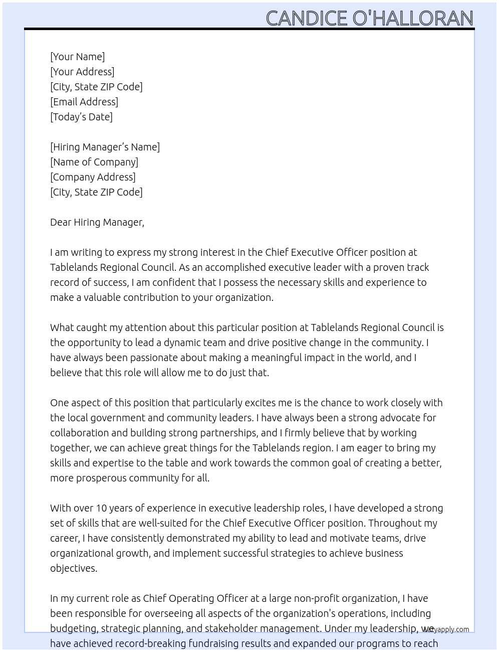 Chief Executive Officer At Tablelands Regional Council Cover Letter