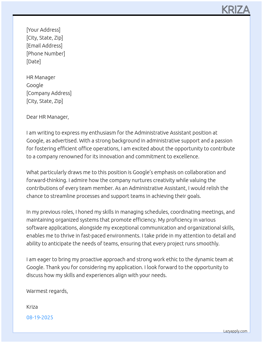 Administrative Assistant At Google Cover Letter
