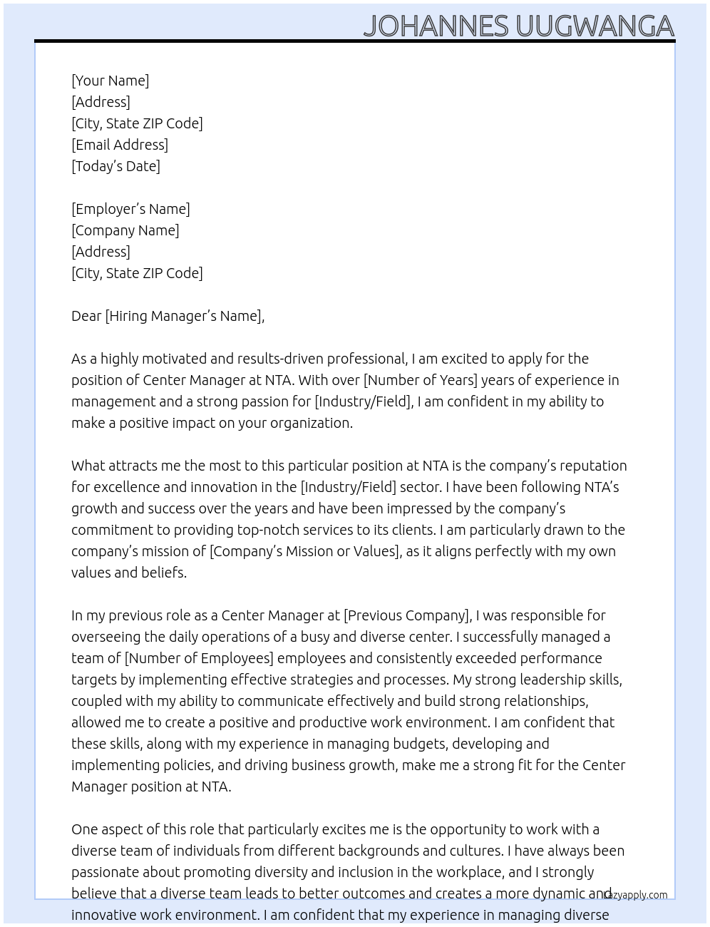 Center Manager At NTA Cover Letter