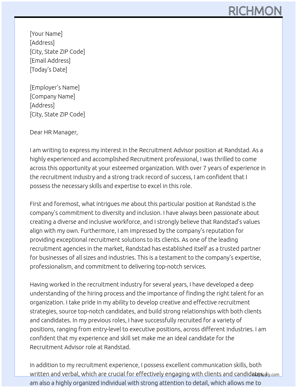 Recruitment Advisor At Randstad Cover Letter