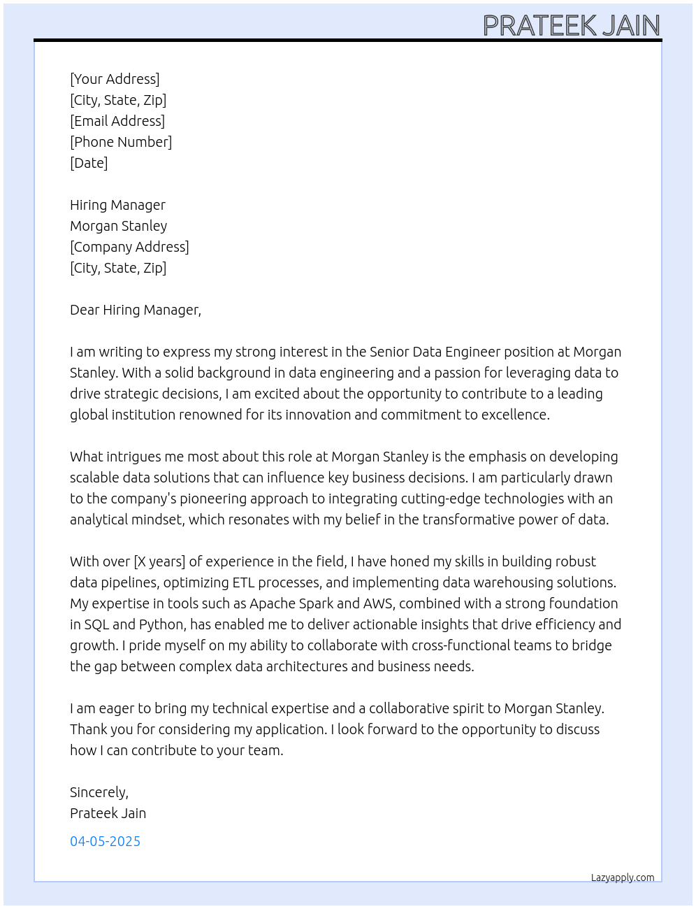 Senior Data Engineer At Morgan Stanley Cover Letter