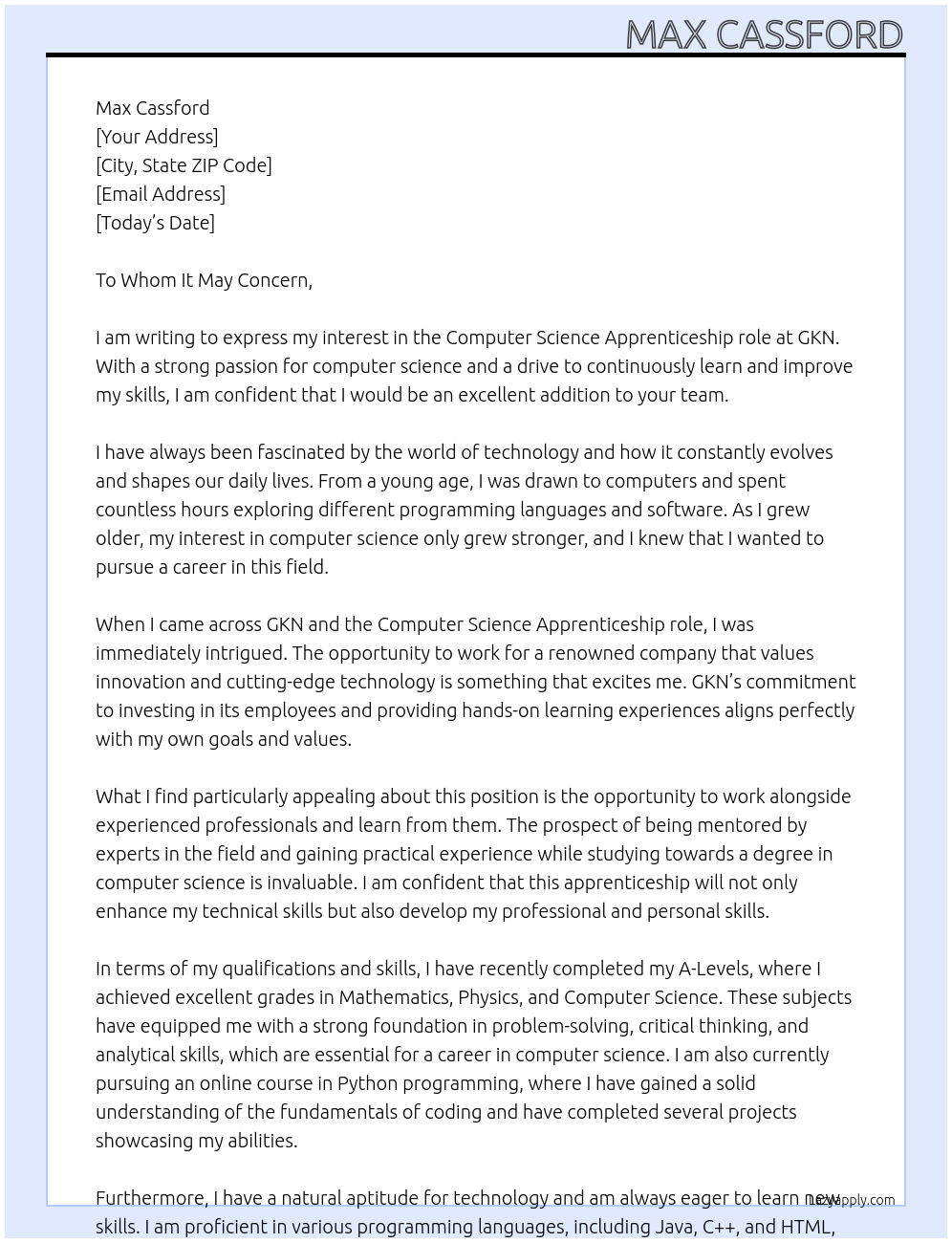 Computer science At GKN Cover Letter