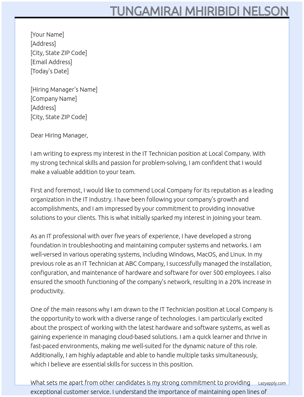 IT Technician At Local company Cover Letter