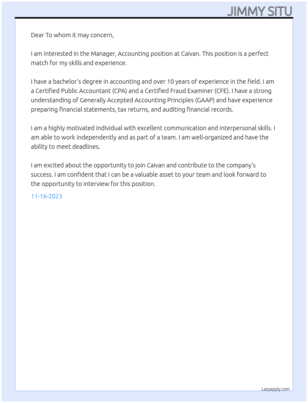 Manager, Accounting At Caivan Cover Letter