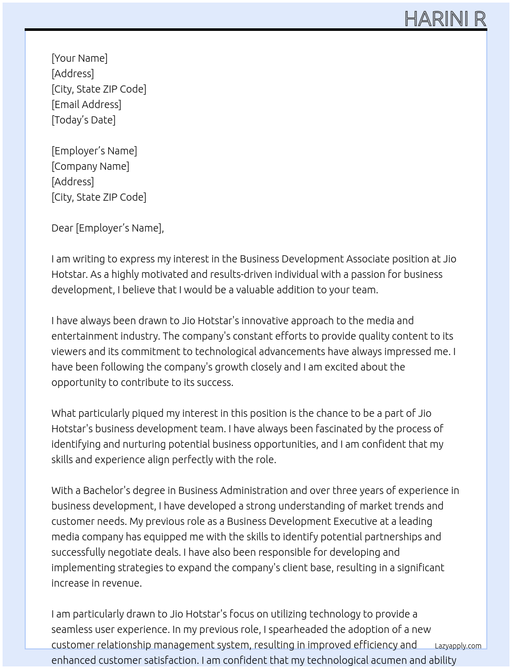 Business development associate At Jio hotstar Cover Letter