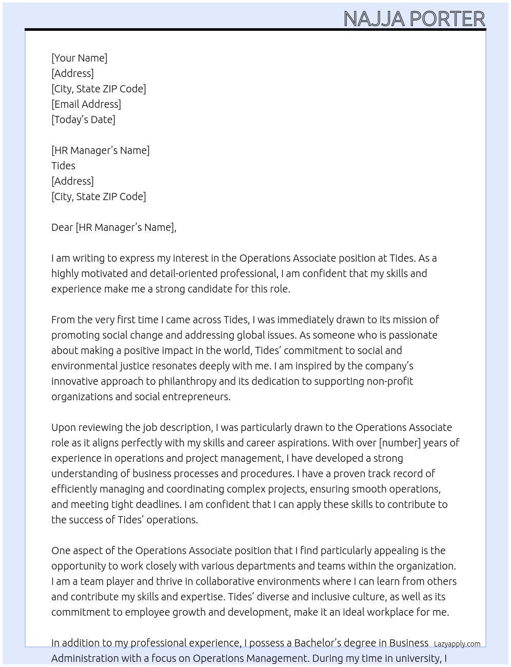 Operations Associate At Tides Cover Letter