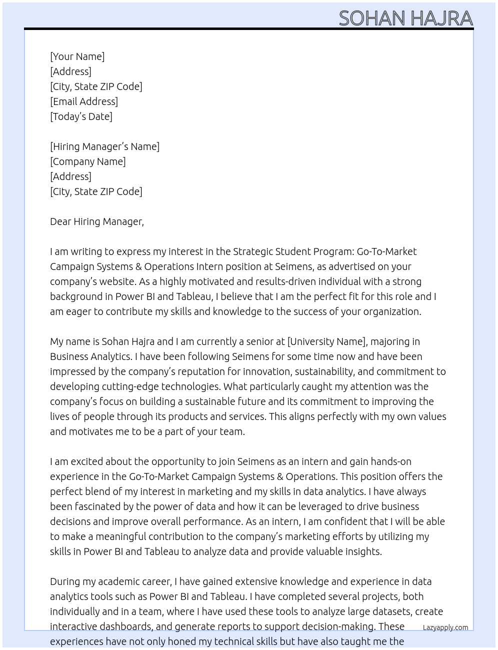 Strategic Student Program: Go-To- Market Campaign Systems & Operations Intern  At Seimens Cover Letter