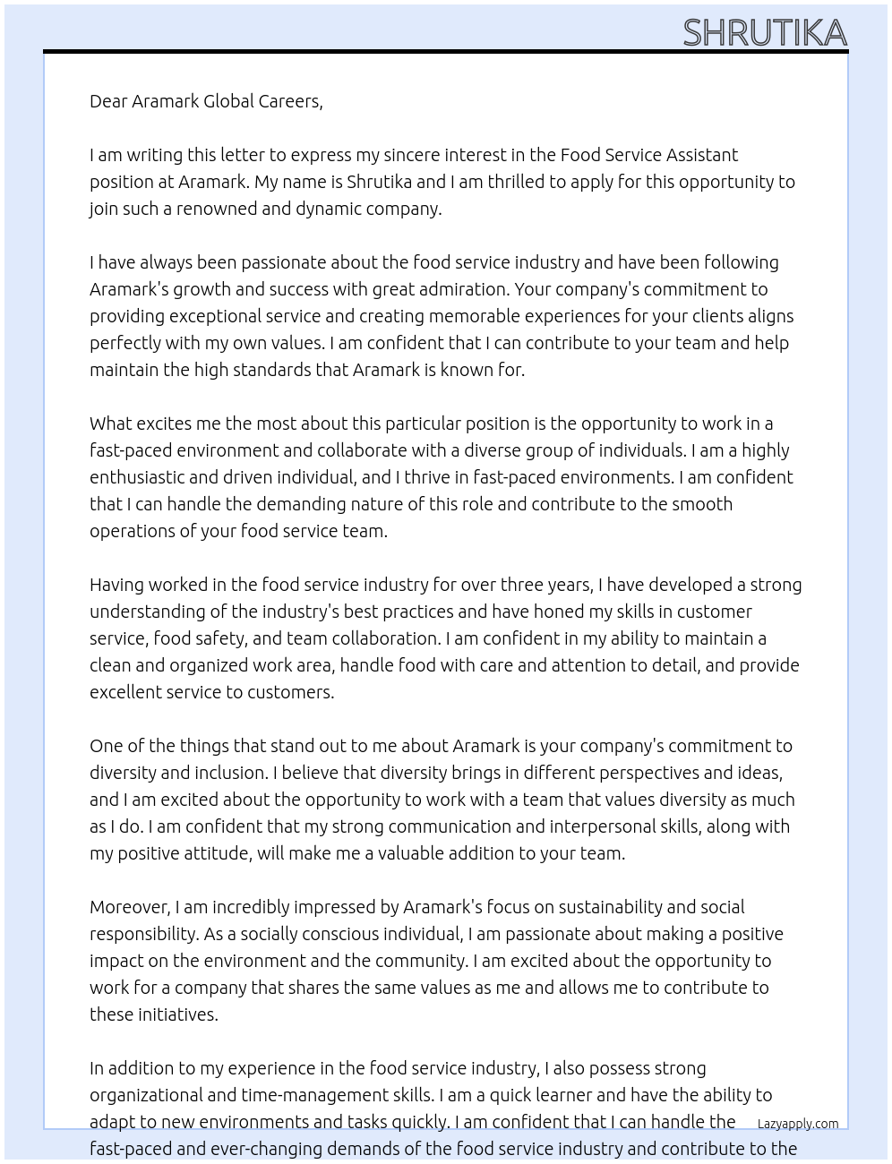 Food Service Assistant At Aramark Cover Letter