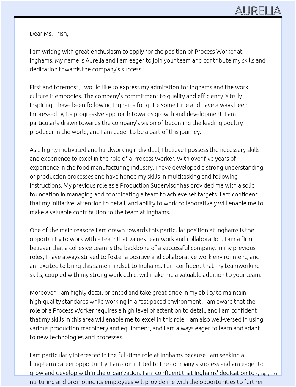 Process Worker At Inghams Cover Letter