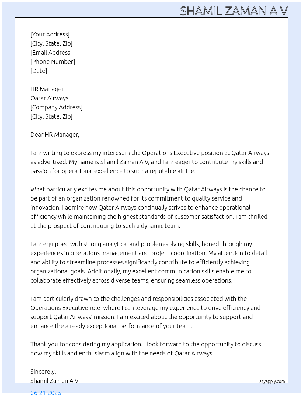 Operations executive At Qatar Airways Cover Letter