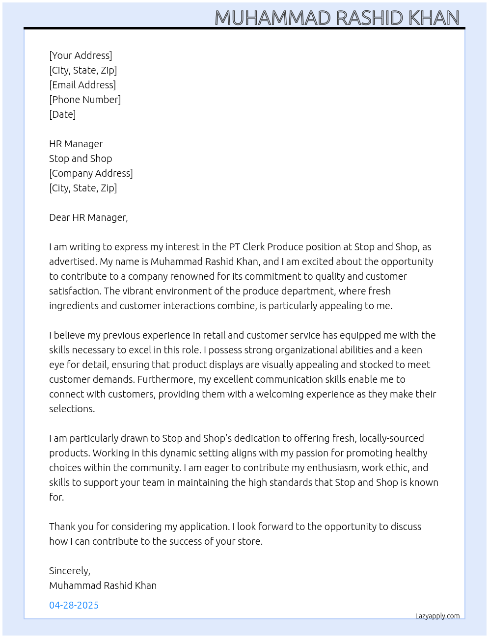 PT Clerk Produce At Stop and shop Cover Letter