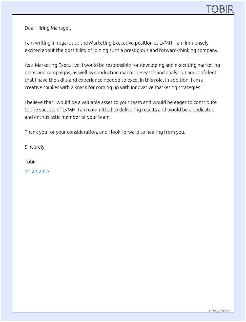 Marketing Executive At LVMH Cover Letter