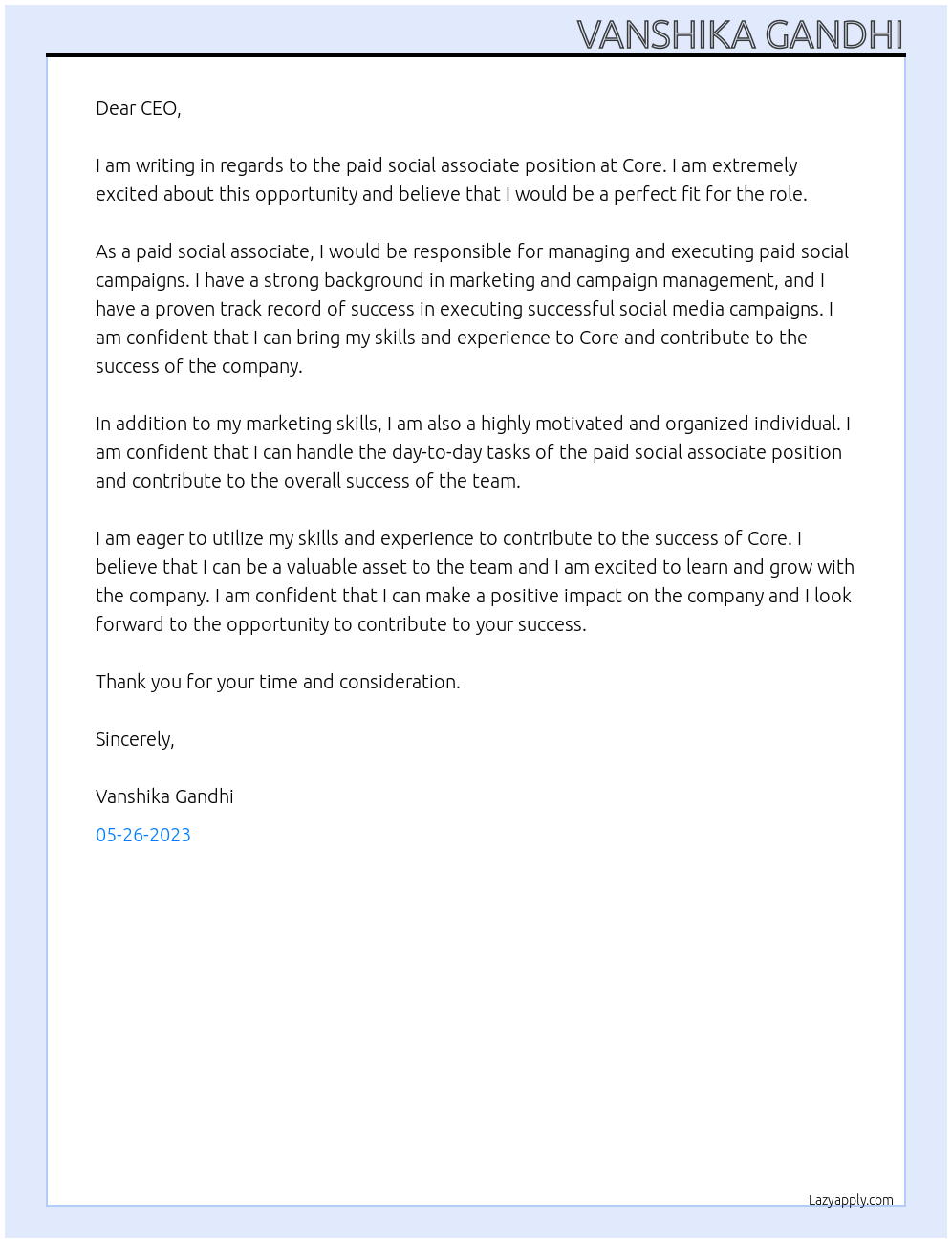 Paid Social Associate At Core Cover Letter