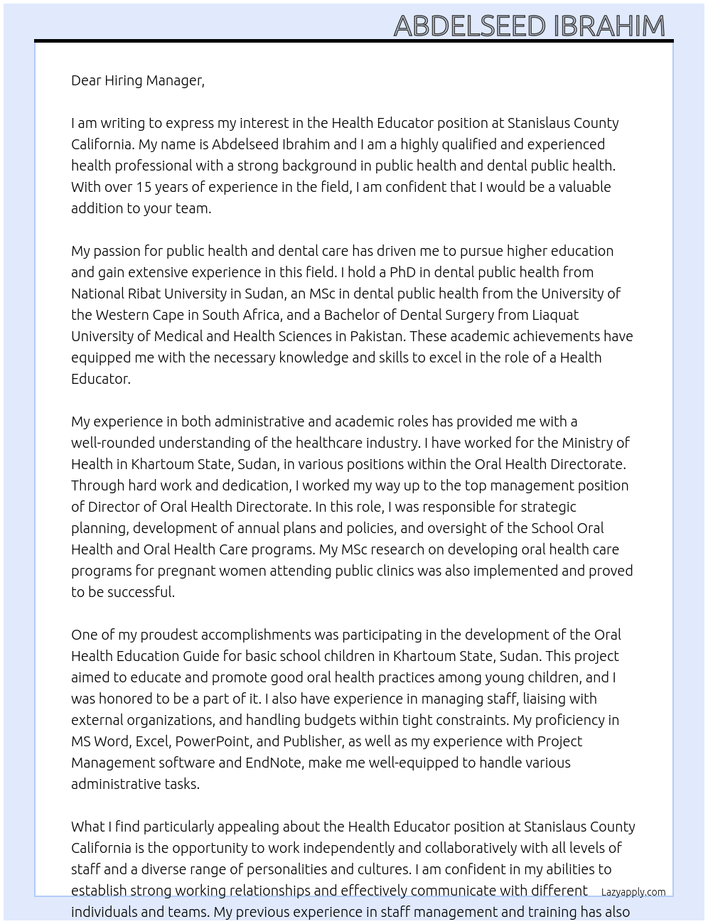 Health Educator  At Stanislaus County California  Cover Letter