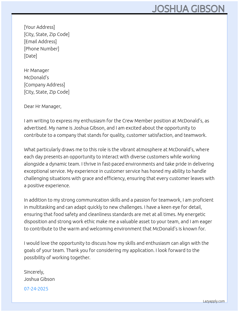 Crew member At McDonald Cover Letter