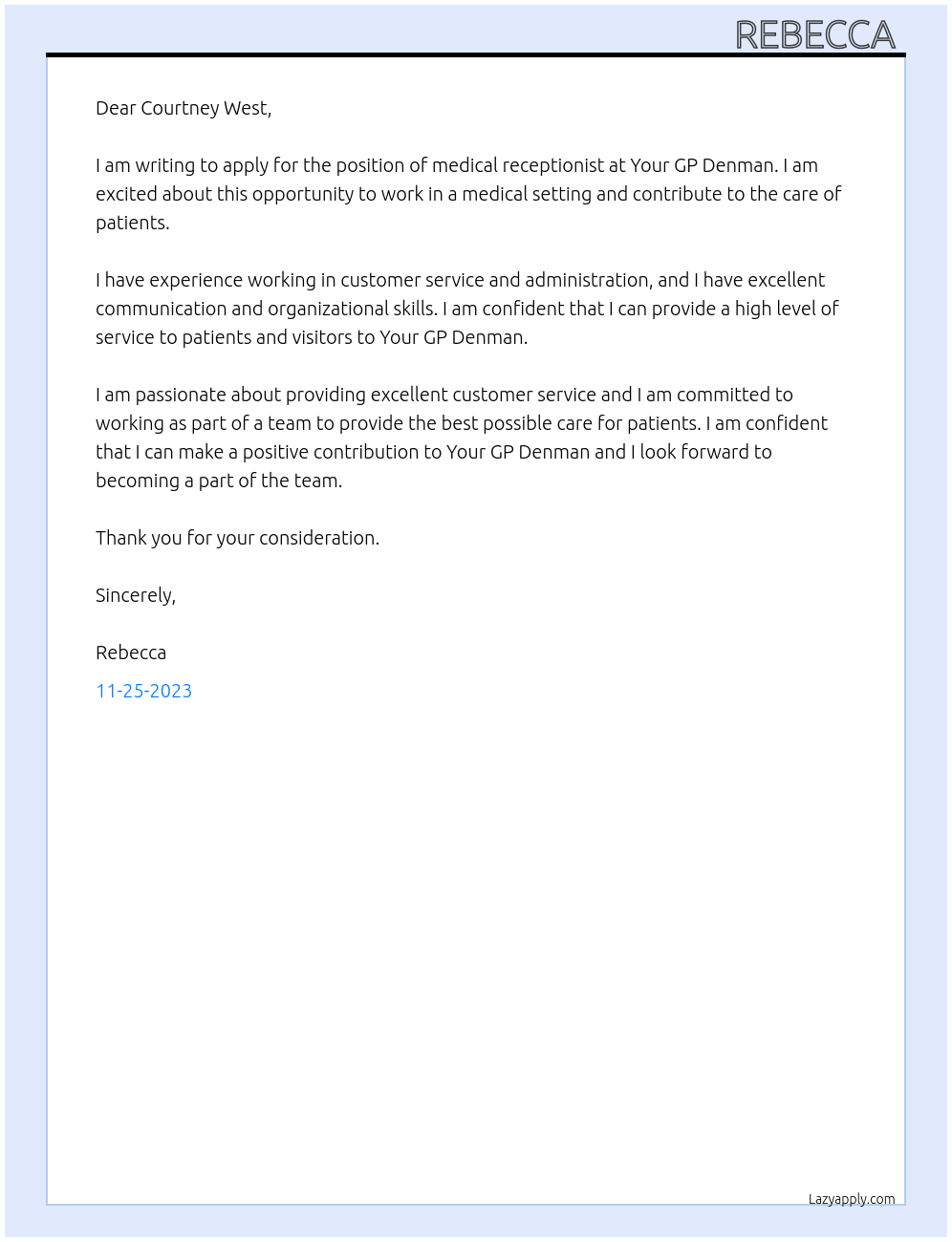 Medical receptionist At Your GP Denman Cover Letter