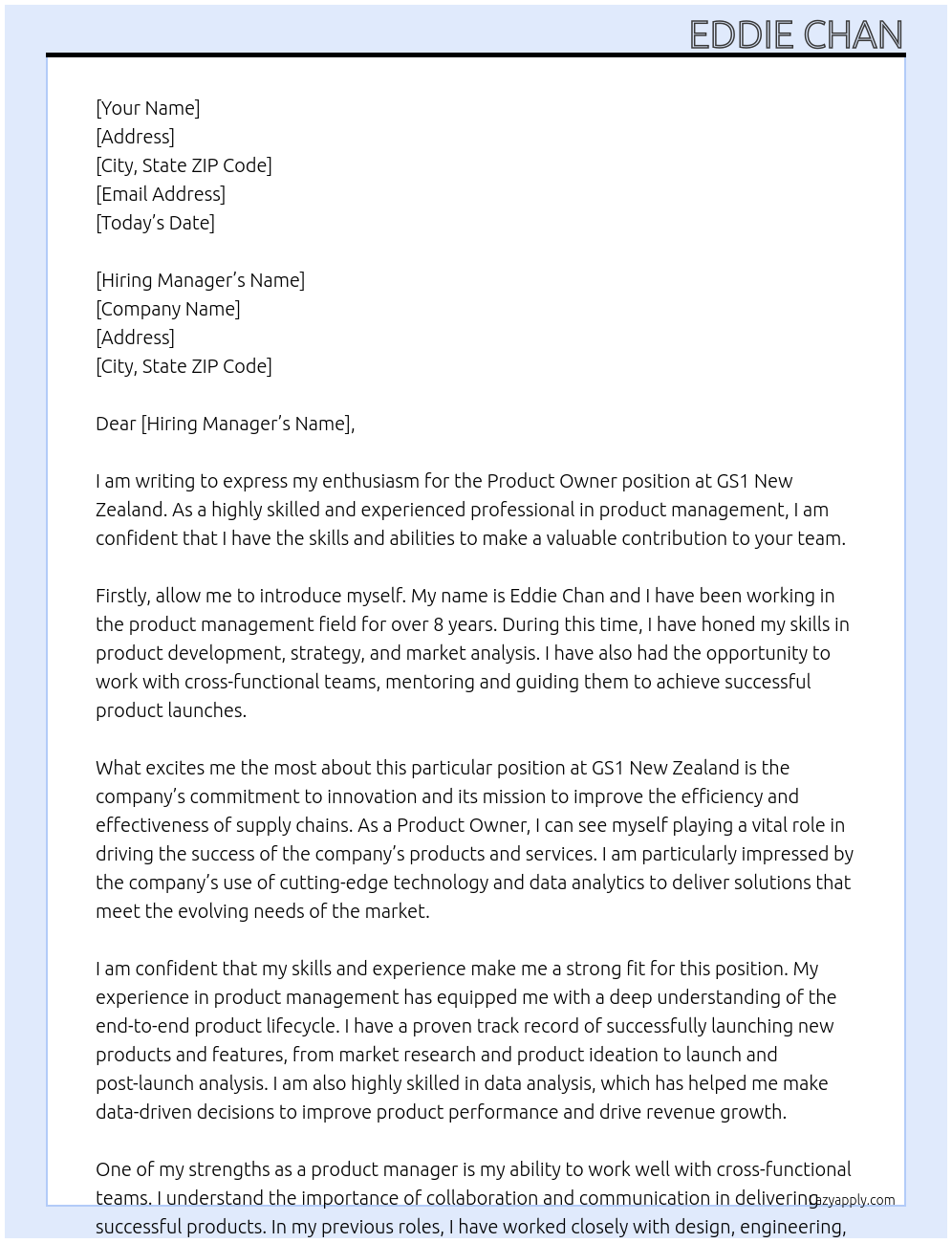 Product Owner At GS1 New Zealand Cover Letter