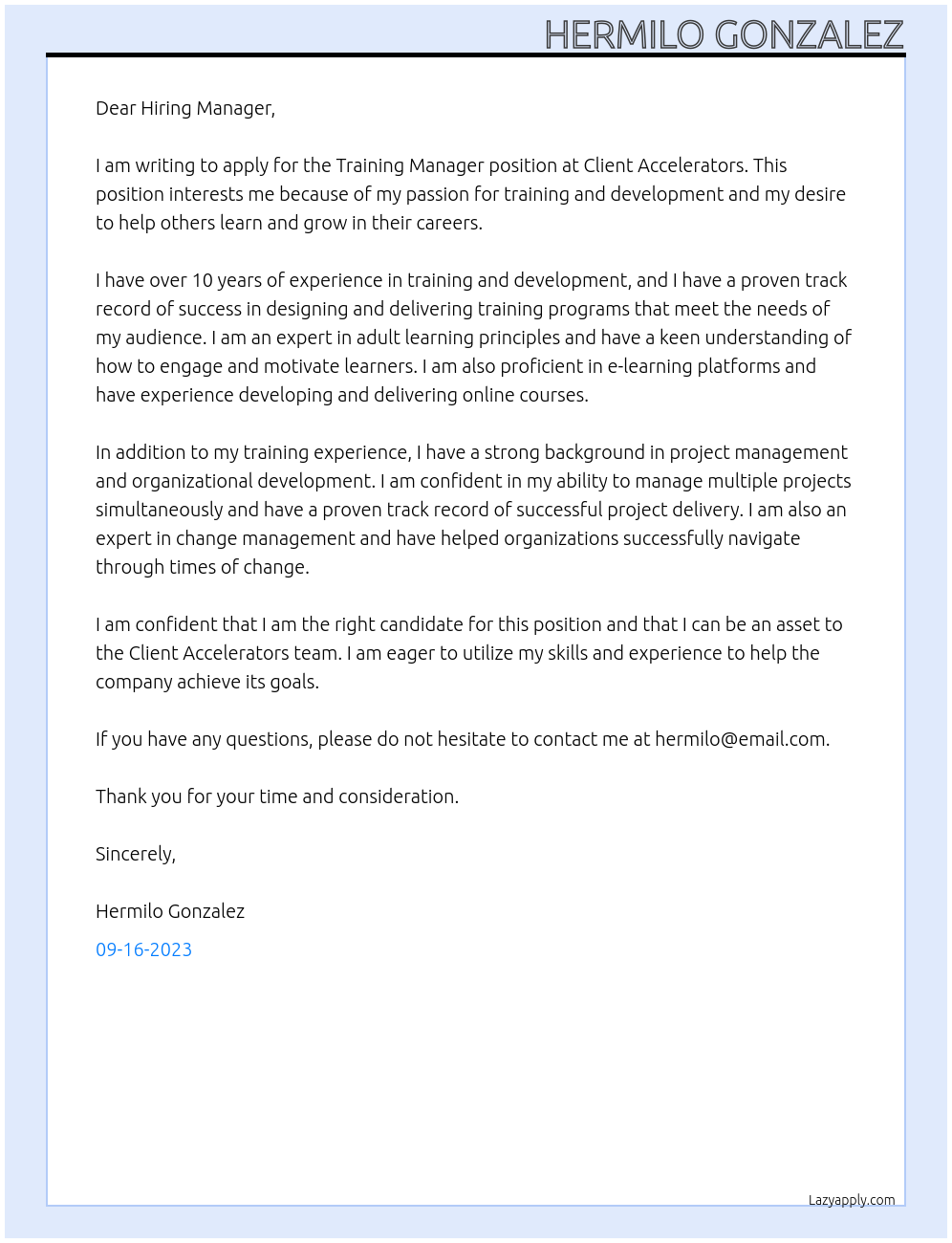 Training Manager At Client Accelerators Cover Letter