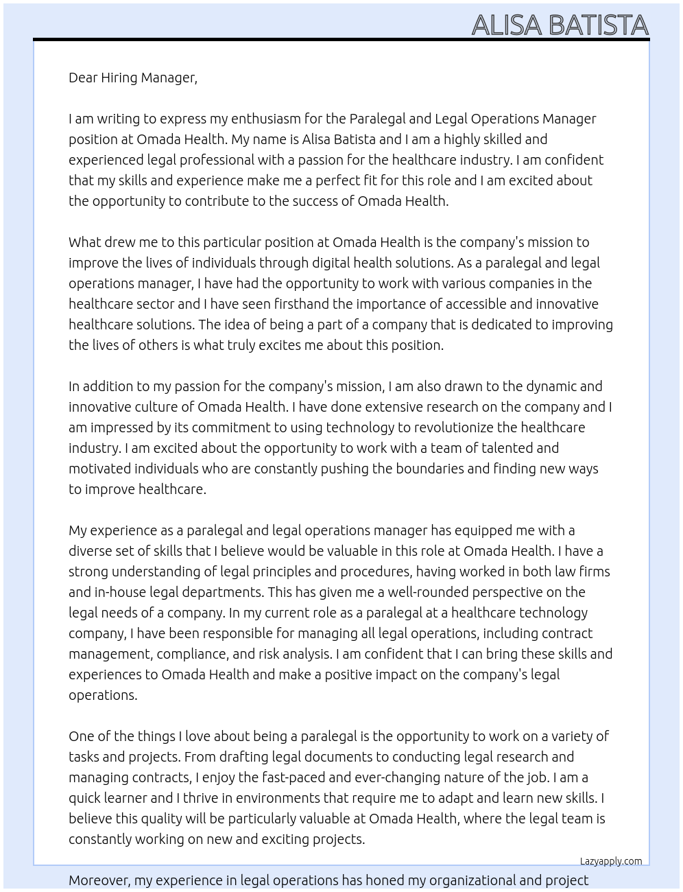 Cover letter for paralegal and legal operations manager - LazyApply