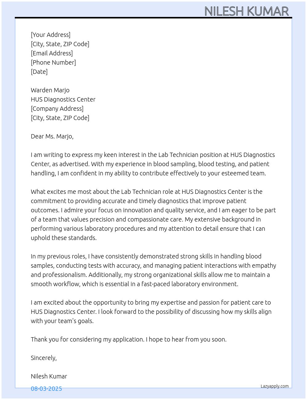 Lab technician At HUS Diagnostics Center Cover Letter