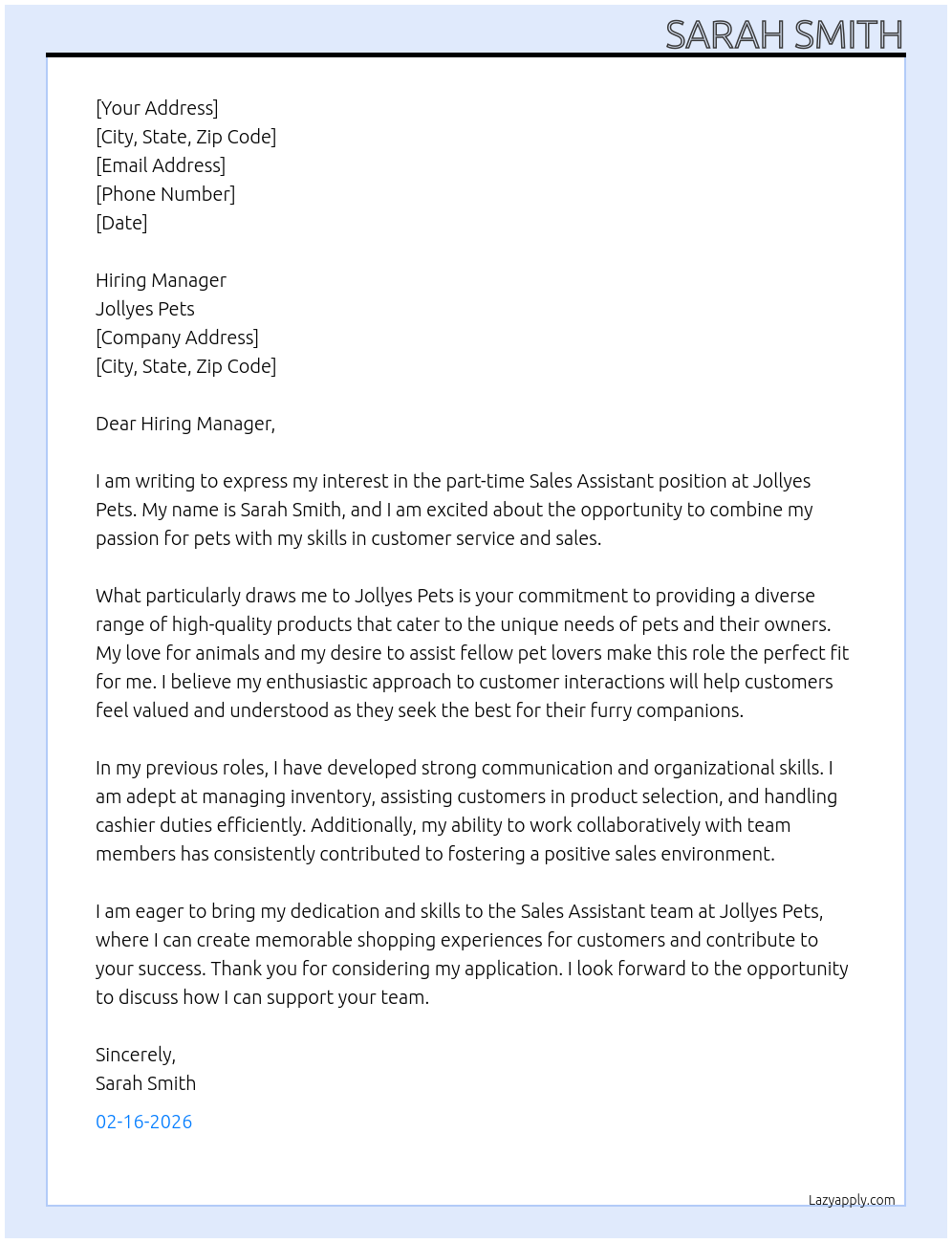 Sales Assistant At Jollyes pets Cover Letter