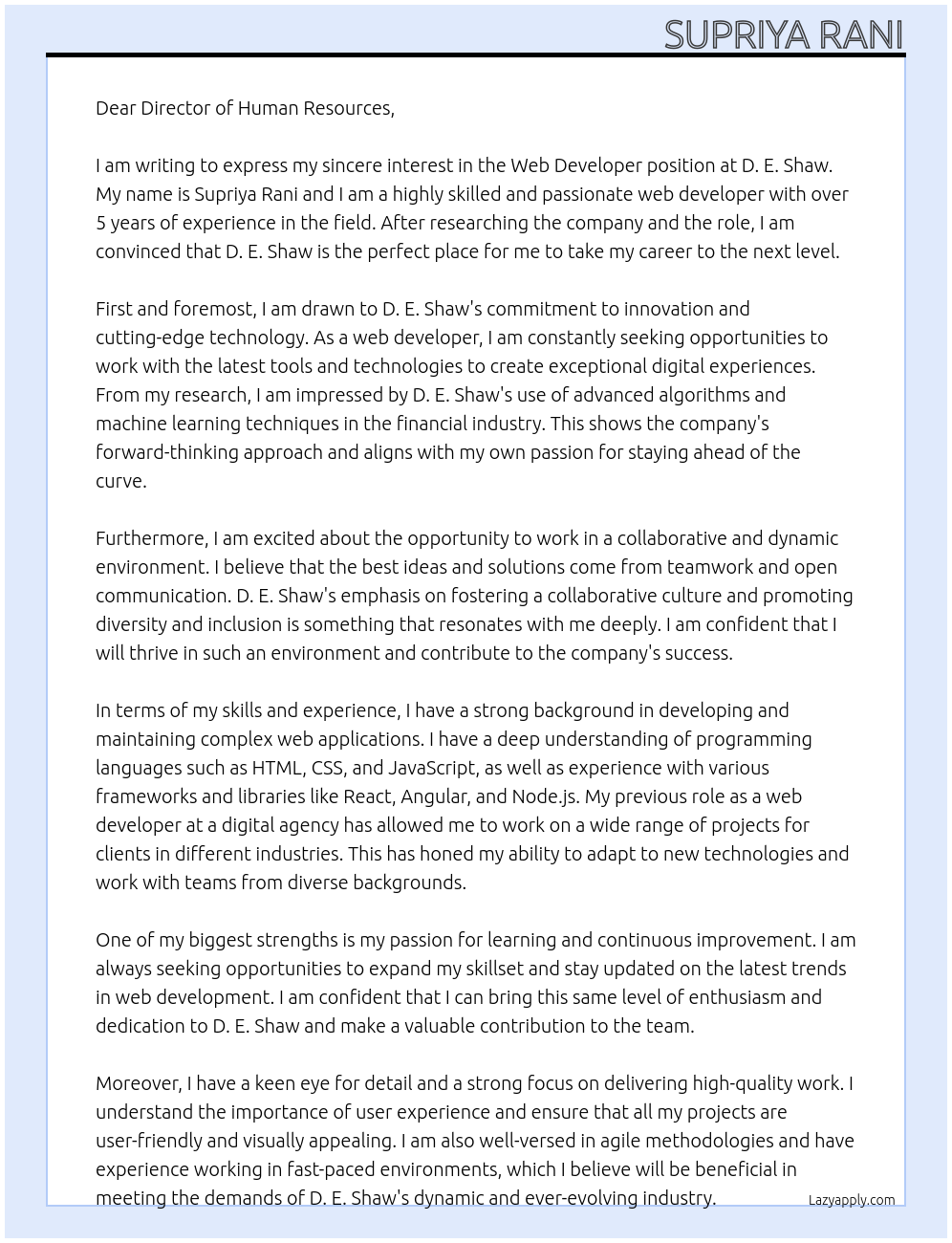 Web Developer At D. E. Shaw Cover Letter