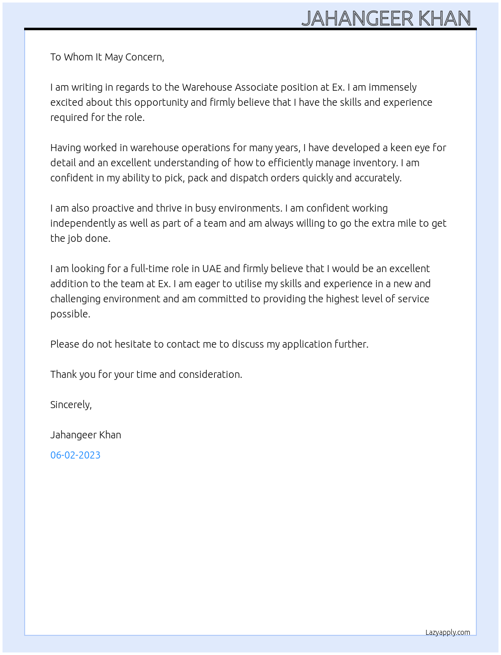 Warehouse Associate At Ex Cover Letter