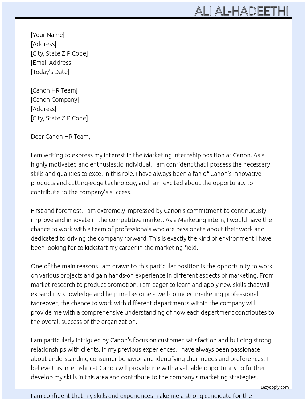 Marketing internship  At Canon  Cover Letter